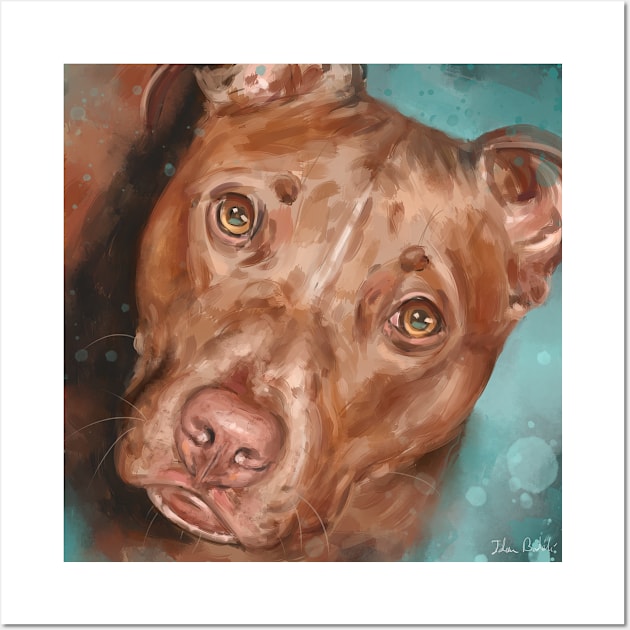 Painting of a Beautiful Red Nose Pit Bull With Soulful Eyes, on Bluish Green Background Wall Art by ibadishi